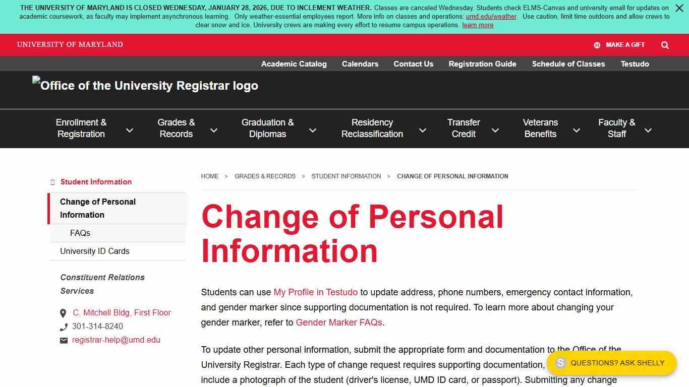 Change of Personal Information Office of the University Registrar